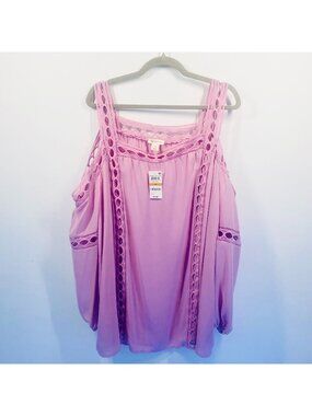 Style & Co Women's Cold Shoulder Crochet Lace Trim Top 3X Light Lavender Polyest